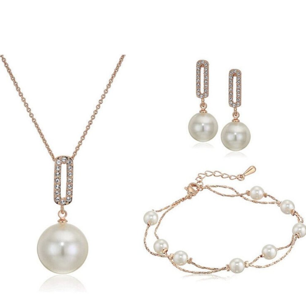 Crystalline Azuria Simulated White Pearls Earrings Necklace Bracelet Rose Gold